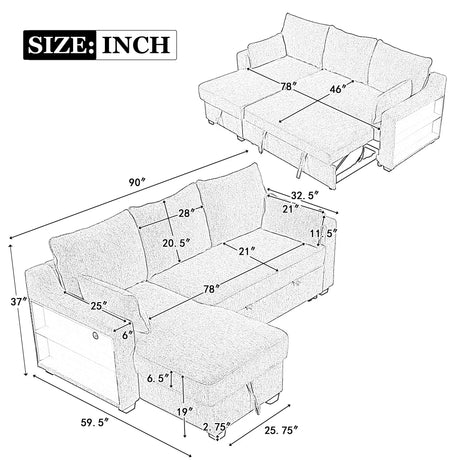 Pull Out Sleeper Sofa L-Shaped Couch Convertible Sofa Bed With Storage Chaise, Storage Racks And USB Ports - Furniture Home Direct