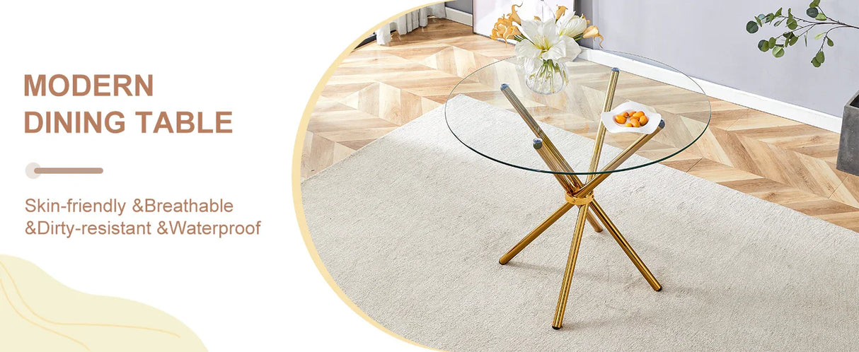 Dining Table Round Glass Top With Gleaming Golden Base Gold - Furniture Home Direct
