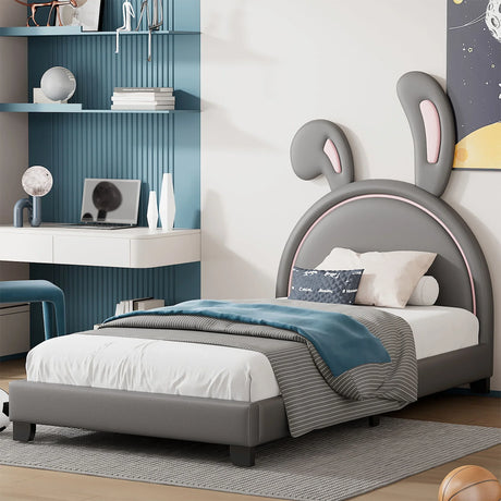 Upholstered Leather Platform Bed With Rabbit Ornament - Furniture Home Direct