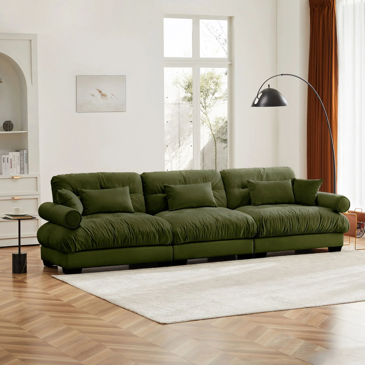 Modern Velvet Sofa With Bolstered Armrests And Pillows - Furniture Home Direct