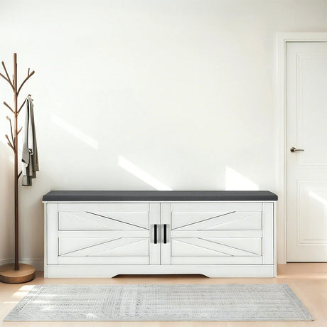 2 Tier Shoe Bench With Padded Seat, 2 Barn Doors And Adjustable Shelves, For Entryway And Living Room - White - Furniture Home Direct
