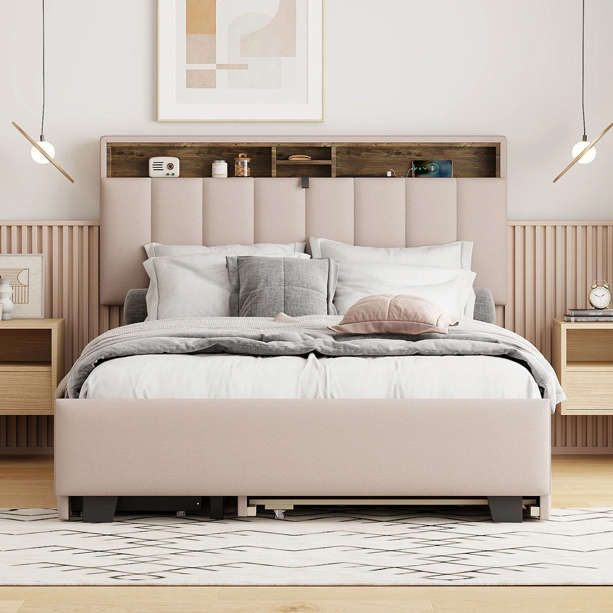 Upholstered Platform Bed With Storage Headboard, Trundle & 2 Drawers And A Set Of Sockets & USB Ports - Furniture Home Direct