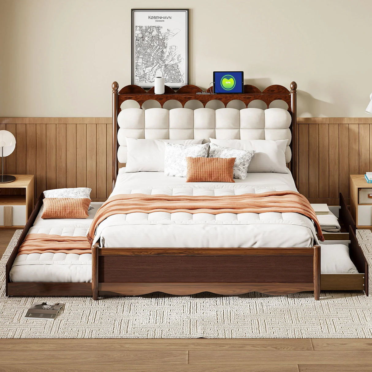 Storage Platform Bed, With 2 Big Drawers, Trundle, One Set Of Sockets & USB Ports - Furniture Home Direct