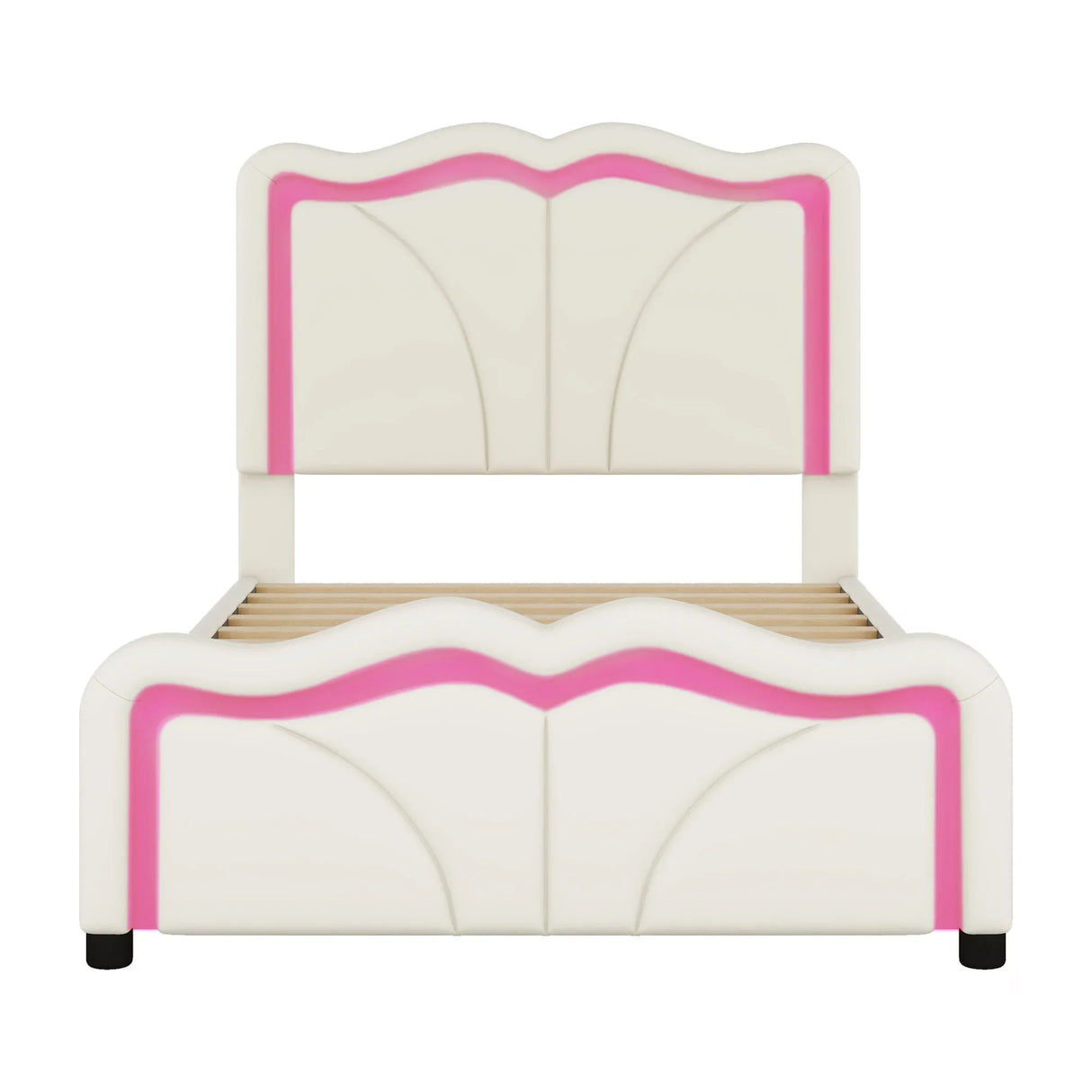 Upholstered Platform Bed & Curve Shaped And Height Adjustable Headboard, LED Light Strips - Furniture Home Direct