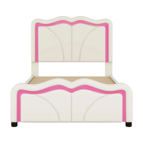 Upholstered Platform Bed & Curve Shaped And Height Adjustable Headboard, LED Light Strips - Furniture Home Direct