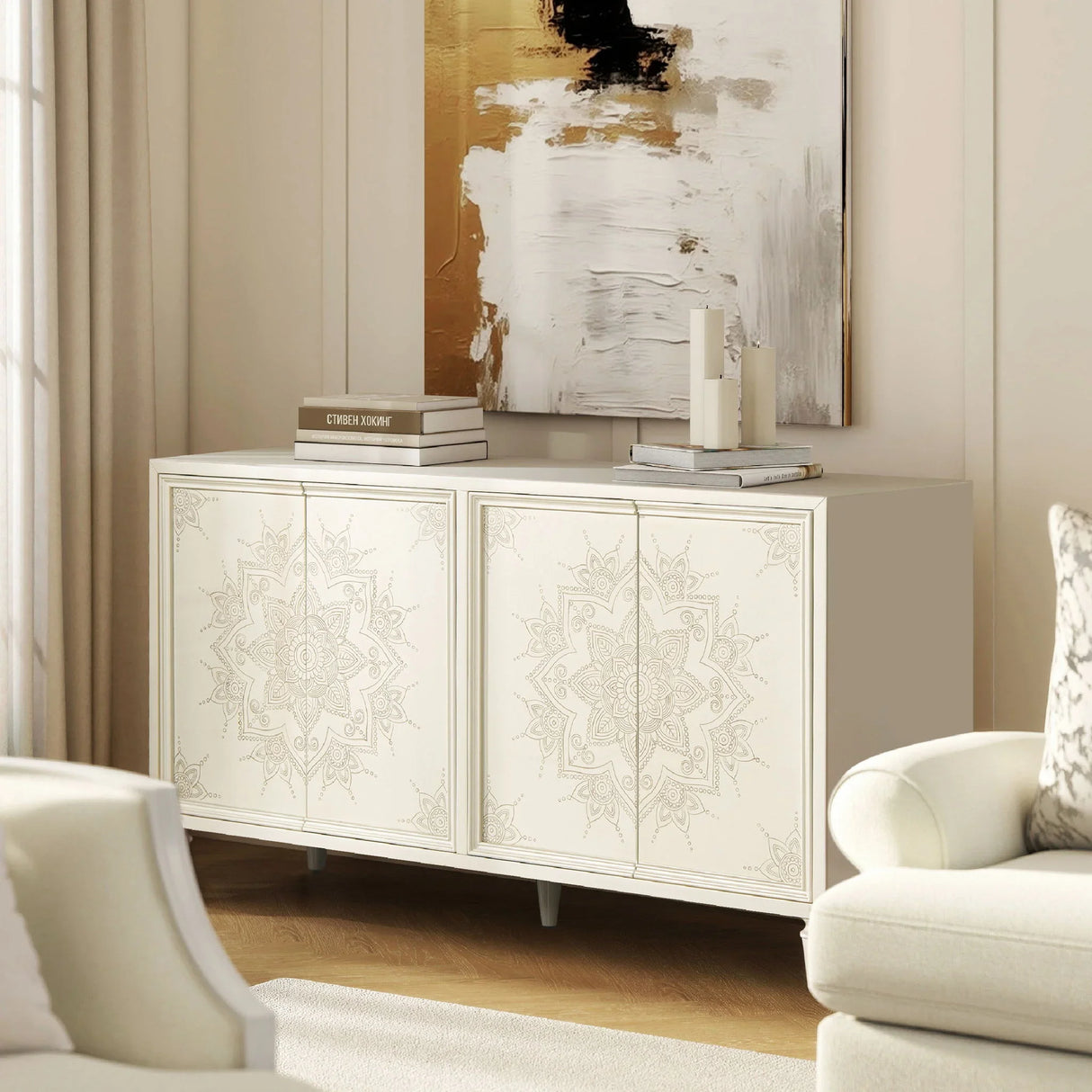 Mahal - Hand Painted Mandala Lacquered Sideboard - Ivory Off-White - Furniture Home Direct