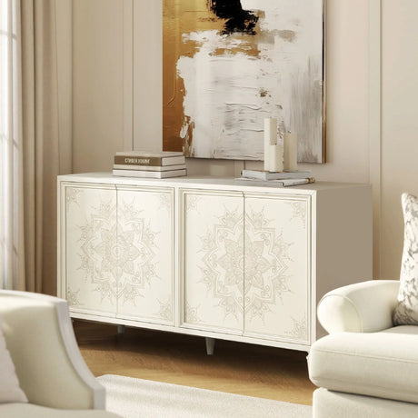 Mahal - Hand Painted Mandala Lacquered Sideboard - Ivory Off-White - Furniture Home Direct