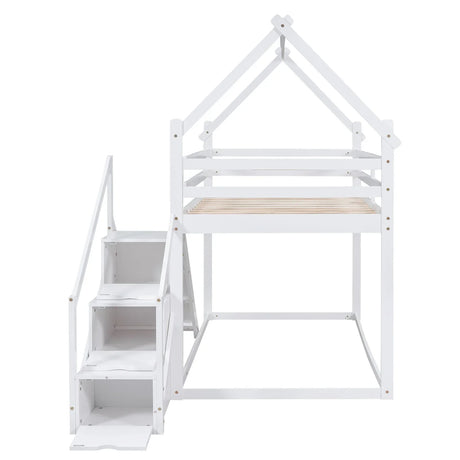 Twin Over Twin House Loft Or Bunk Bed With Slide And Staircase - Furniture Home Direct