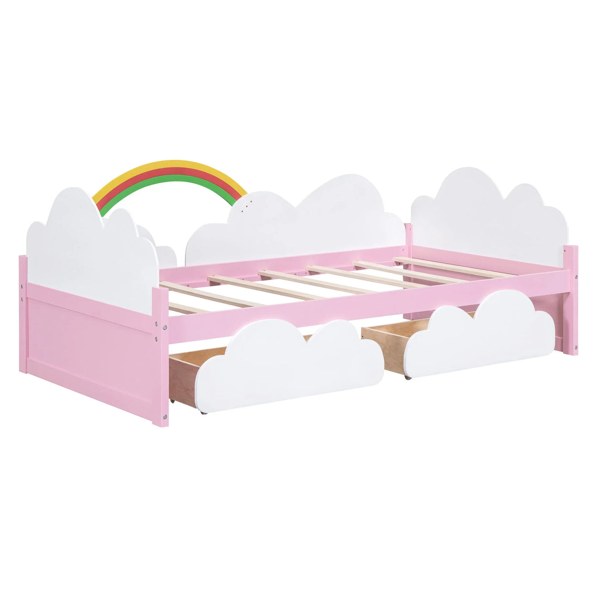 Twin Size Bed With Clouds And Rainbow Decor - Pink / White - Furniture Home Direct