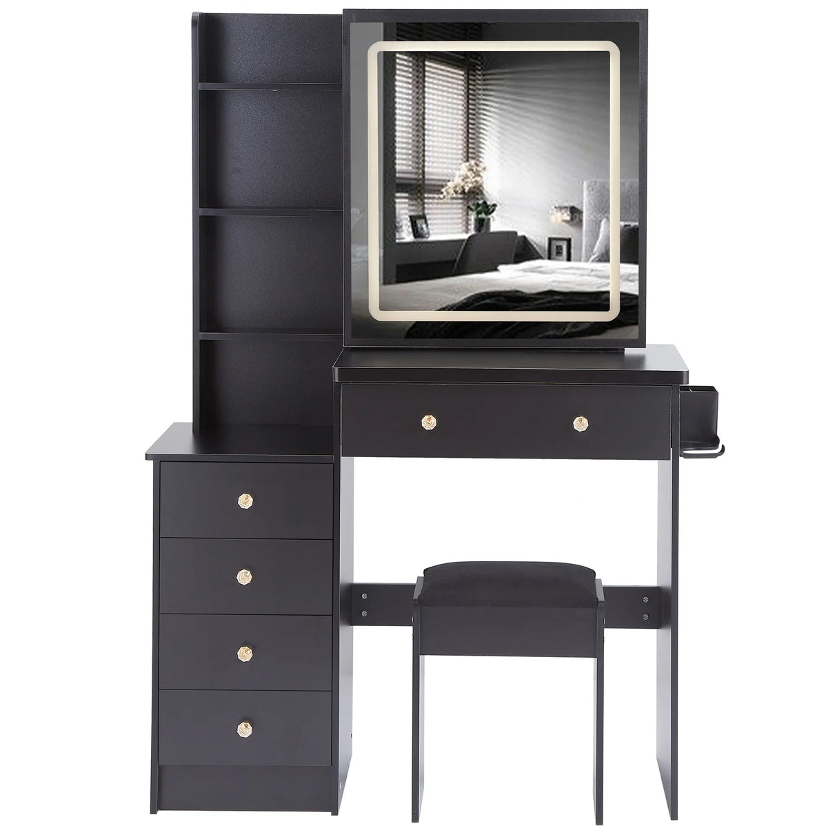 Vanity Table with Cushioned Stool Modern Finish Black - Furniture Home Direct