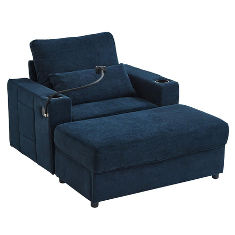 Modern Style Armchair Chaise Lounge Sofa Couch With Movable Storage Ottoman, USB Ports, Cup Holders, Phone Holder, Side Pockets - Furniture Home Direct