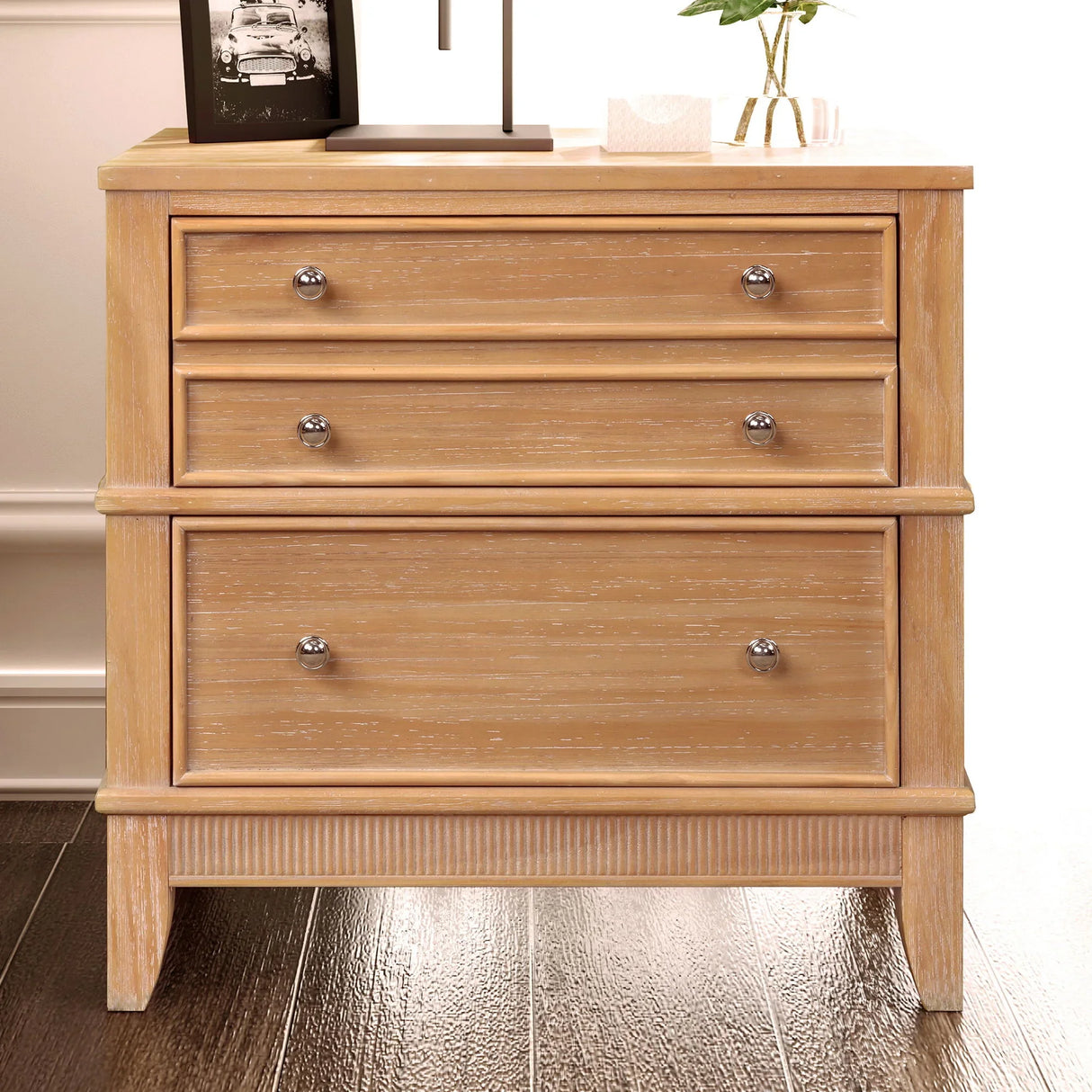 Hazel - 3 Drawer Side Table For Living Room, Hallway, Entryway Solid Wood With Silver Handles - Natural - Furniture Home Direct