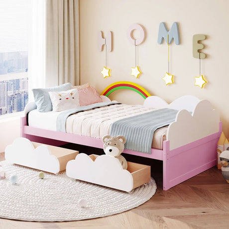 Twin Size Bed With Clouds And Rainbow Decor - Pink / White - Furniture Home Direct
