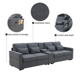 Upholstered Sofa With Console, 2 Cupholders And 2 USB Ports Wired Or Wirelessly Charged, Modern Linen Fabric Couches With 4 Pillows For Living Room, Apartment (4-Seat) - Furniture Home Direct