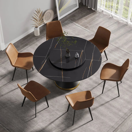 Modern Artificial Stone Round Carbon Steel Base Dining Table, Can Accommodate 6 People Artificial Stone Turntable - Black - Furniture Home Direct