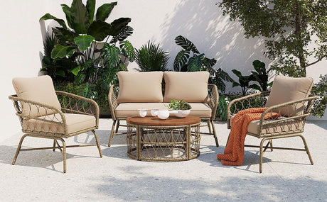 Bohemia-Inspired 4 Person Outdoor Seating Group With Removable Cushions, Conversation Patio Set With Wood Tabletop - Beige - Furniture Home Direct