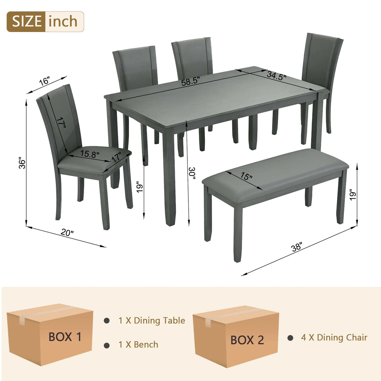 Modern 6 Piece Dining Table Set With Bench And Chairs For Dining Room Or Kitchen - Gray - Furniture Home Direct