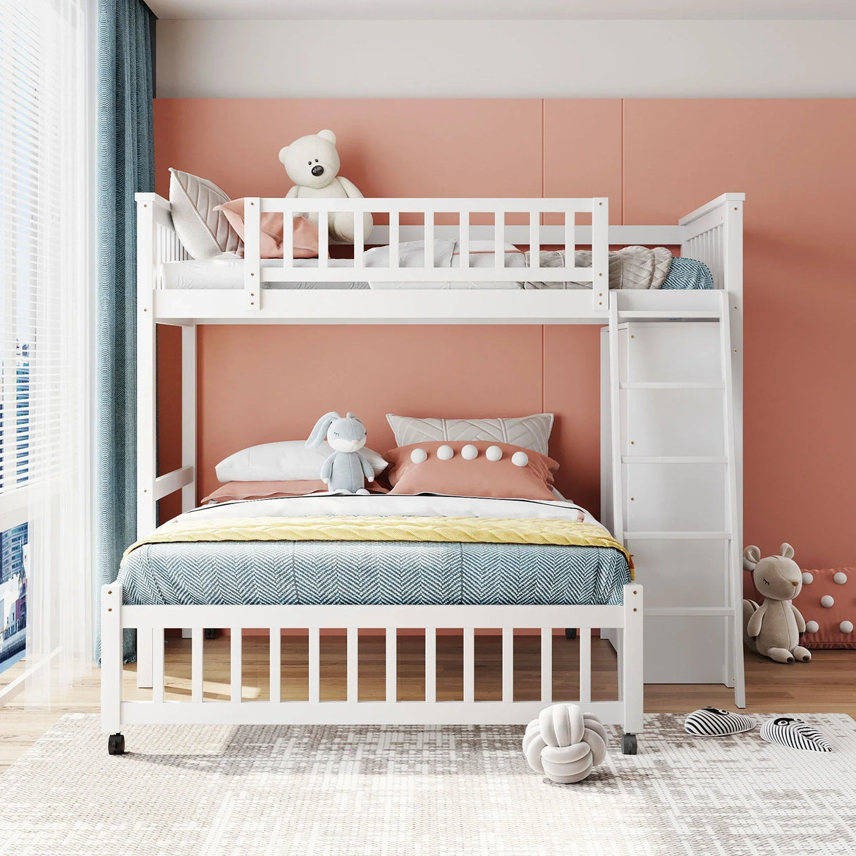 Bunk Bed With 6 Drawers And Flexible Shelves, Bottom Bed With Wheels - Furniture Home Direct