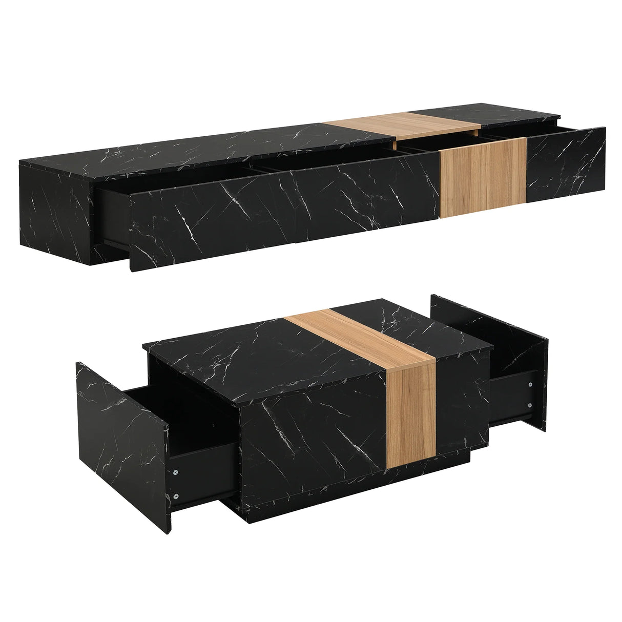 TV Stand Modern Marble Look With Wood Accent Black - Furniture Home Direct