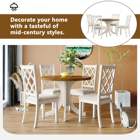 Dining Set Round Table With Upholstered Chairs Walnut Beige - Furniture Home Direct