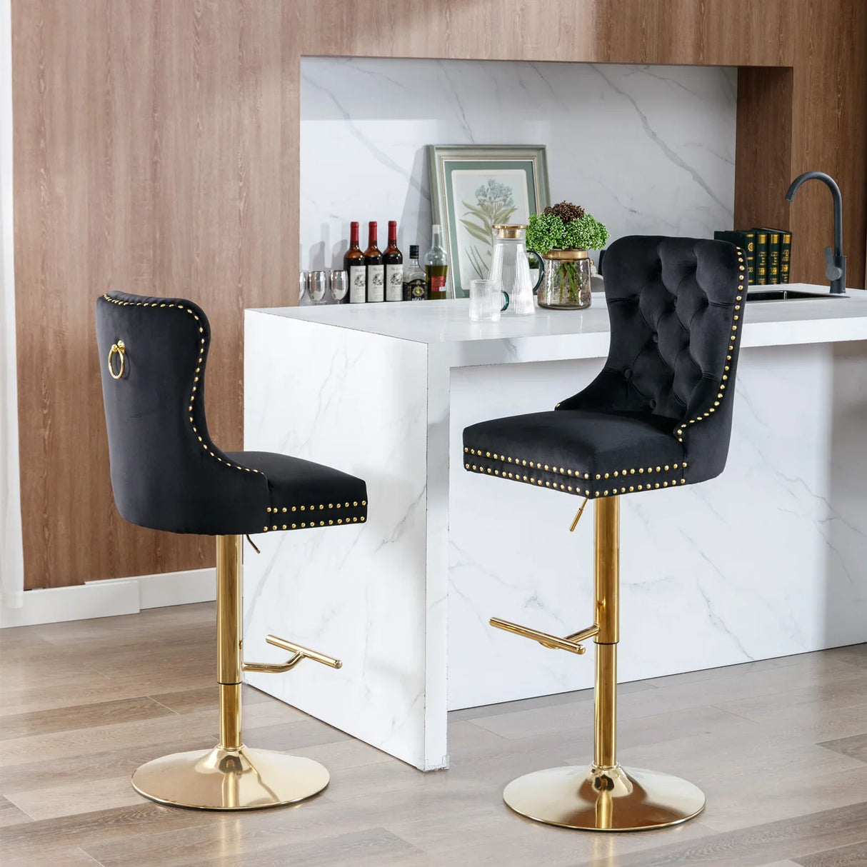 Bar Stools Velvet Upholstered Swivel With Backs Black - Furniture Home Direct