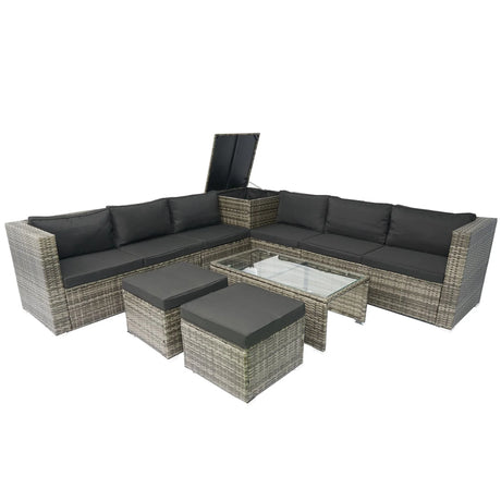 8 Piece Patio Sectional Wicker Rattan Outdoor Furniture Sof Set With One Storage Box Under Seat And Cushion Box - Gray / Black - Furniture Home Direct