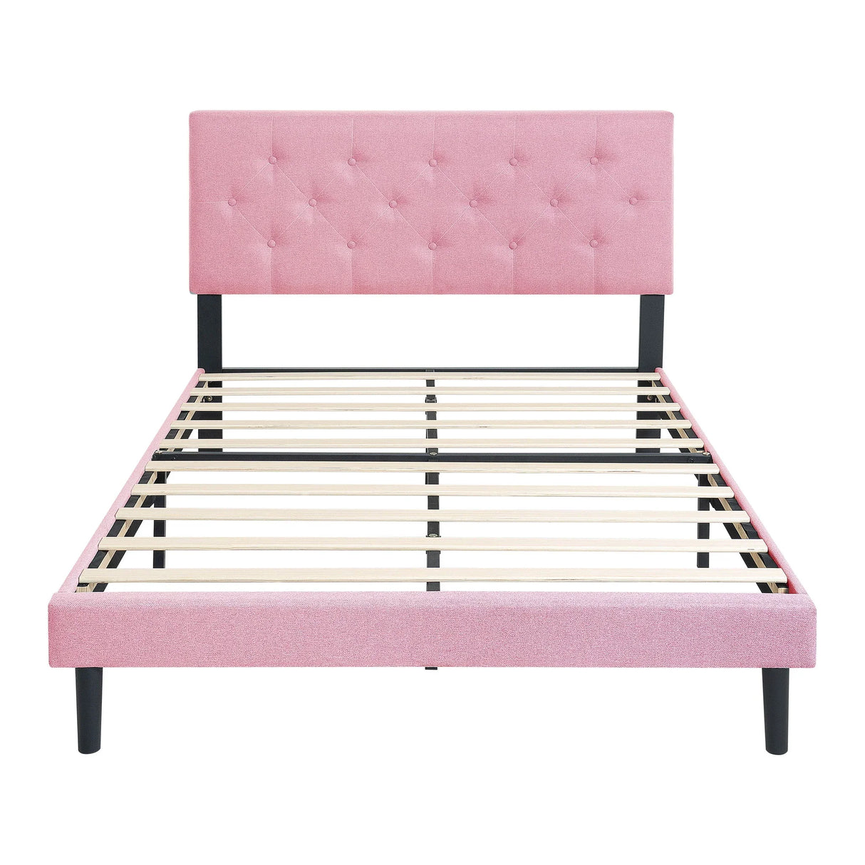 Modern Upholstered Platform Bed Frame With Button Tufted Linen Fabric Headboard - Furniture Home Direct