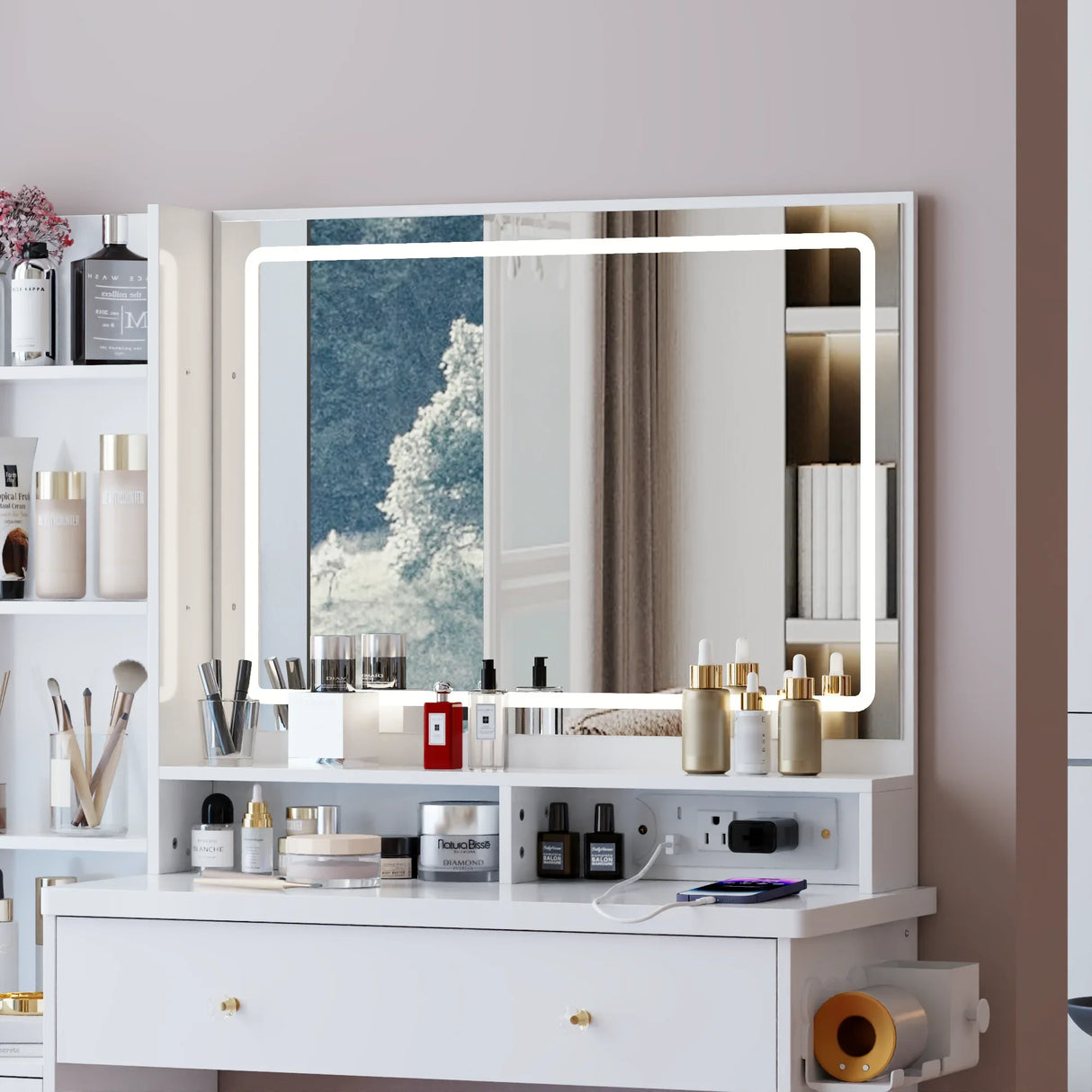 Vanity Desk With Cushioned Stool Mirror Makeup White - Furniture Home Direct
