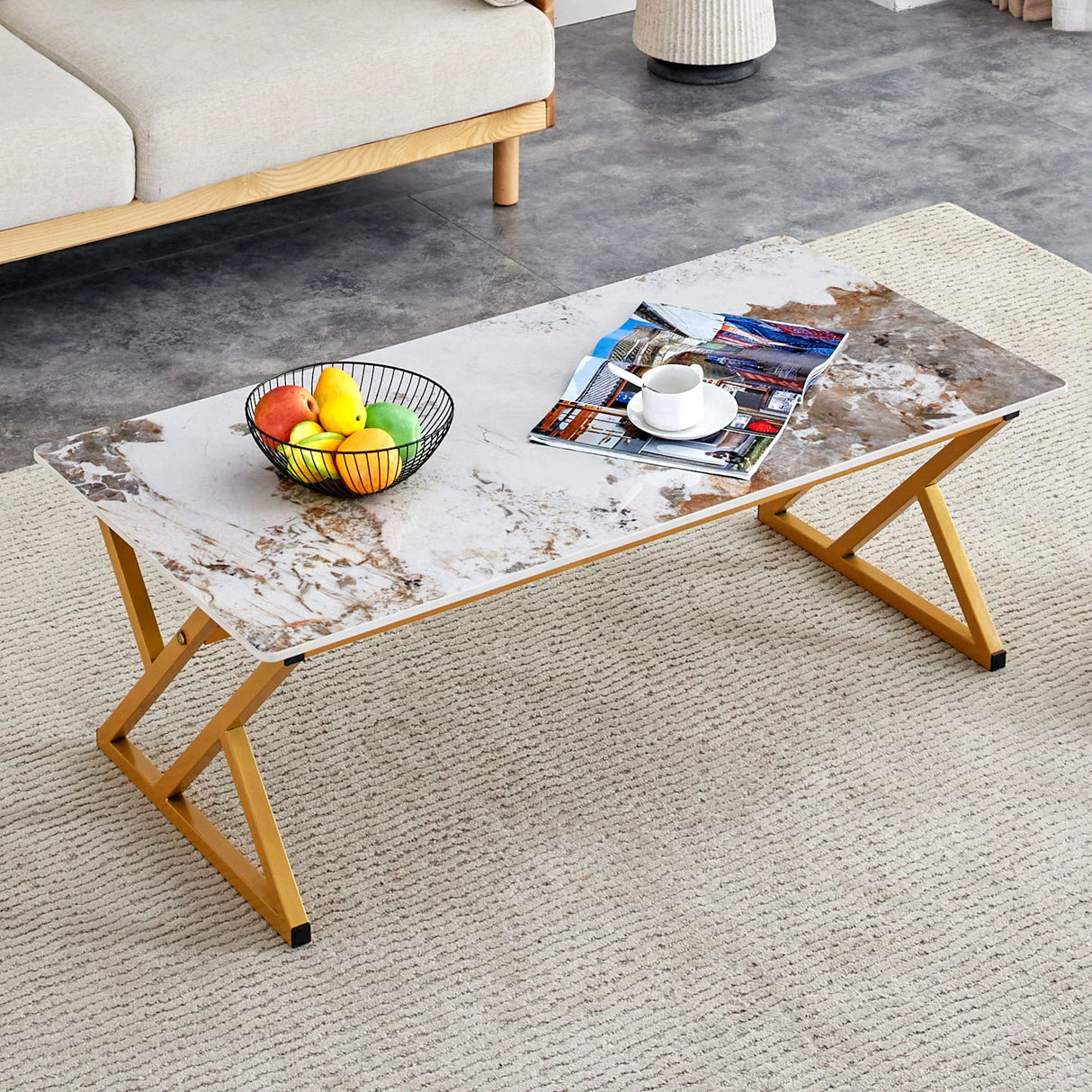 Coffee Table With A Natural And Smooth Marble Pattern On The Surface - Gold - Furniture Home Direct