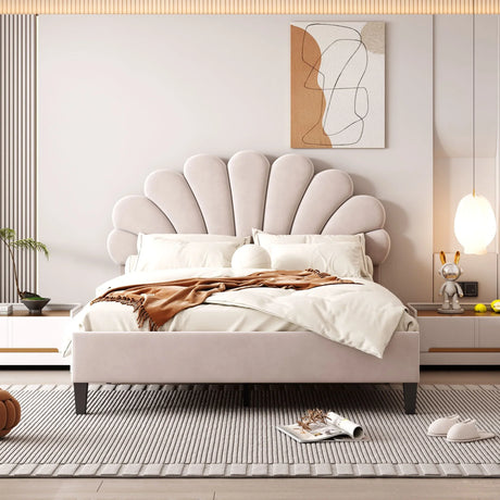 Upholstered Platform Bed With Flower Pattern Velvet Headboard - Furniture Home Direct