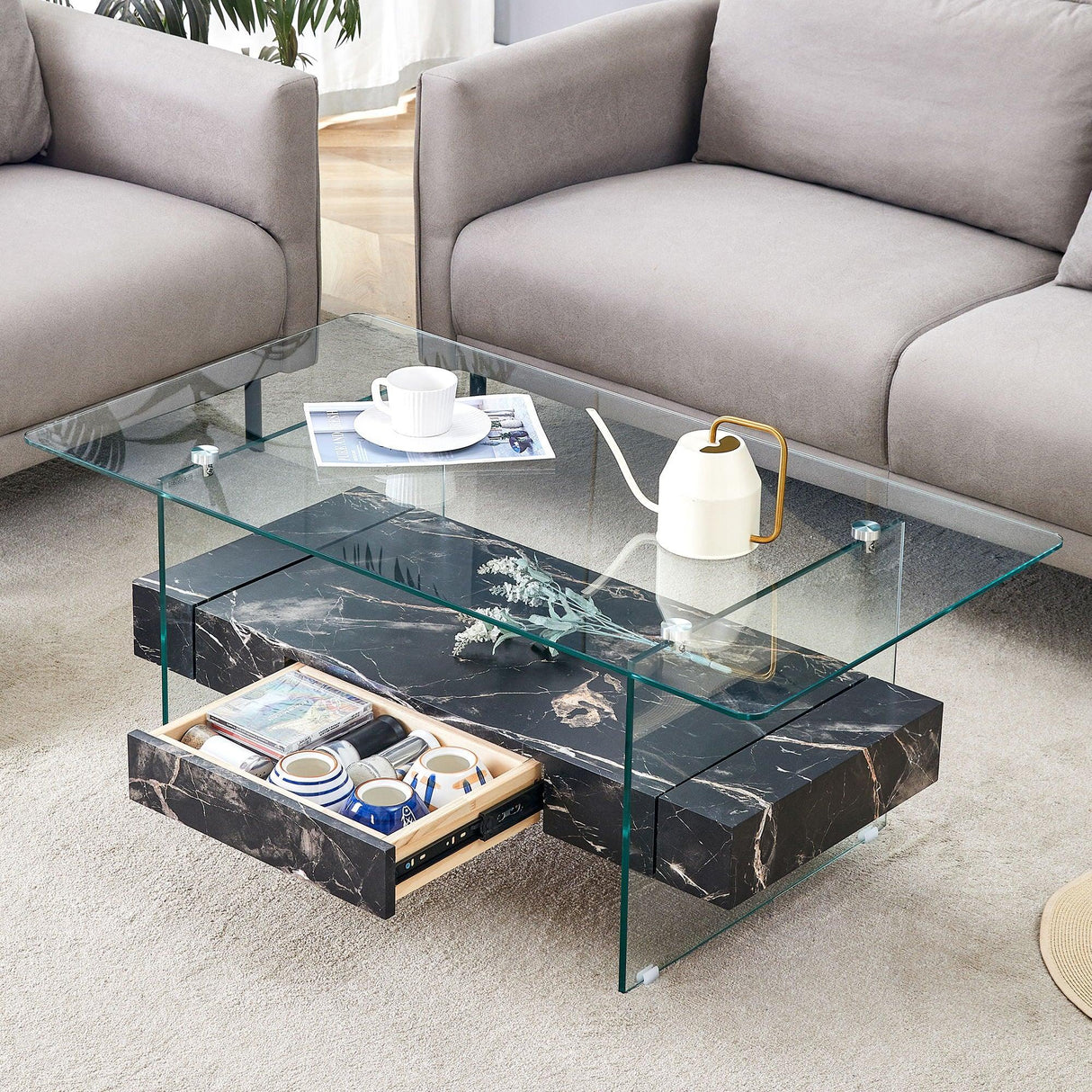 Modern 2 Tier Square Coffee Table, Elegant Marble Pattern - Furniture Home Direct