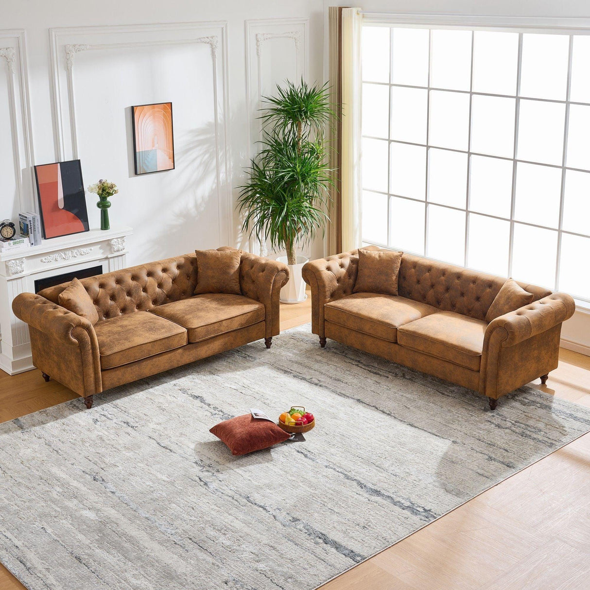 Chesterfield 3 And 3 Seater Sofa Set High Tech Fabric Roll Armrest Upholstered Couch - Furniture Home Direct