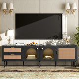 Rattan TV Stand With 3 Cabinets & 2 Drawers, Rattan-Inspired Media Console Table For Tvs Up To 80'', LED Light Entertainment Center, TV Cabinet For Living Room - Black - Furniture Home Direct