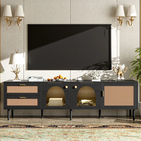 Rattan TV Stand With 3 Cabinets & 2 Drawers, Rattan-Inspired Media Console Table For Tvs Up To 80'', LED Light Entertainment Center, TV Cabinet For Living Room - Black - Furniture Home Direct
