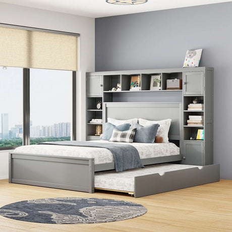 Bed With All In One Cabinet, Shelf And Sockets, Twin Long Trundle - Furniture Home Direct