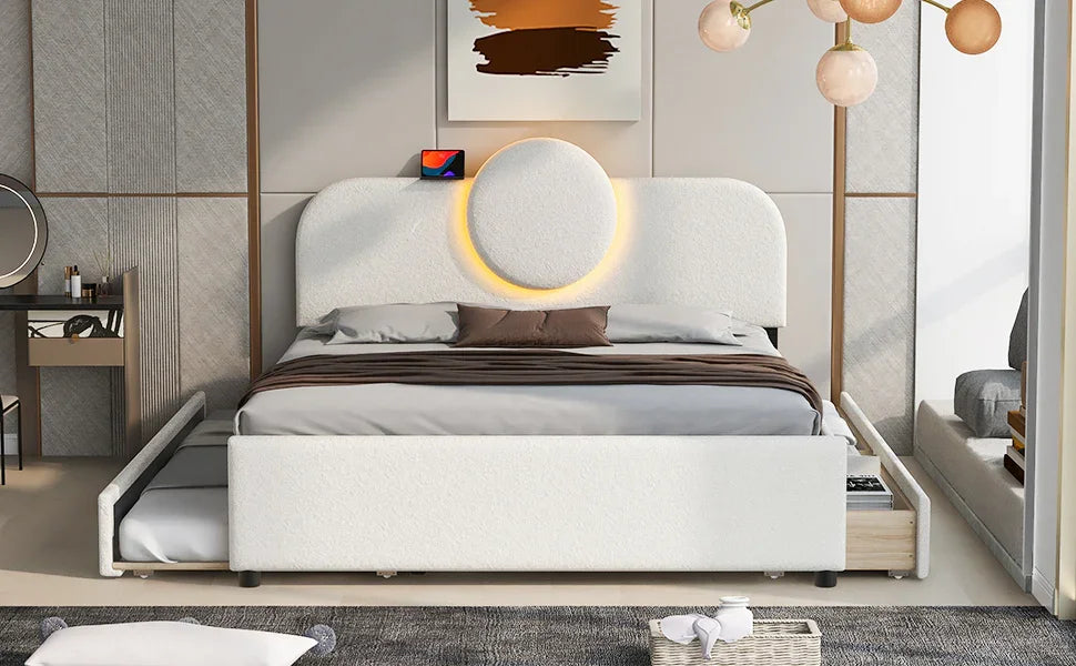 Queen Bed Upholstered Platform With Storage Drawers White - Furniture Home Direct