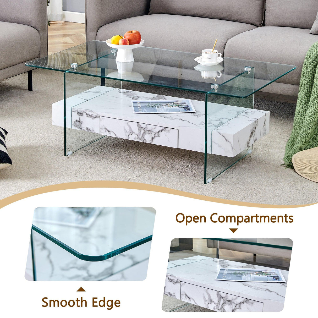 Coffee Table Glass Top Marble Base Modern Style White - Furniture Home Direct