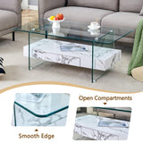 Coffee Table Glass Top Marble Base Modern Style White - Furniture Home Direct