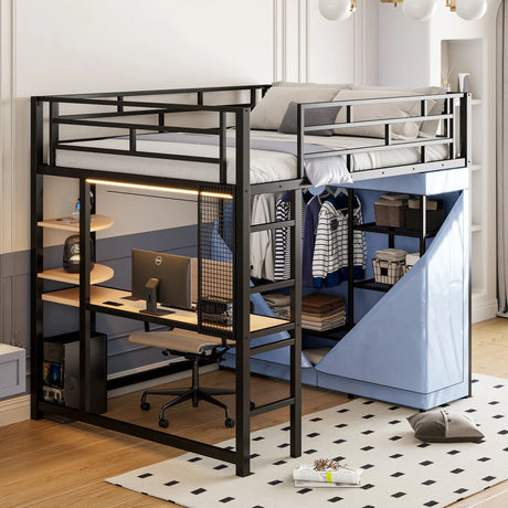 Loft Bed With Desk, Shelves, Power Outlet, LED Light And Wardrobe - Furniture Home Direct