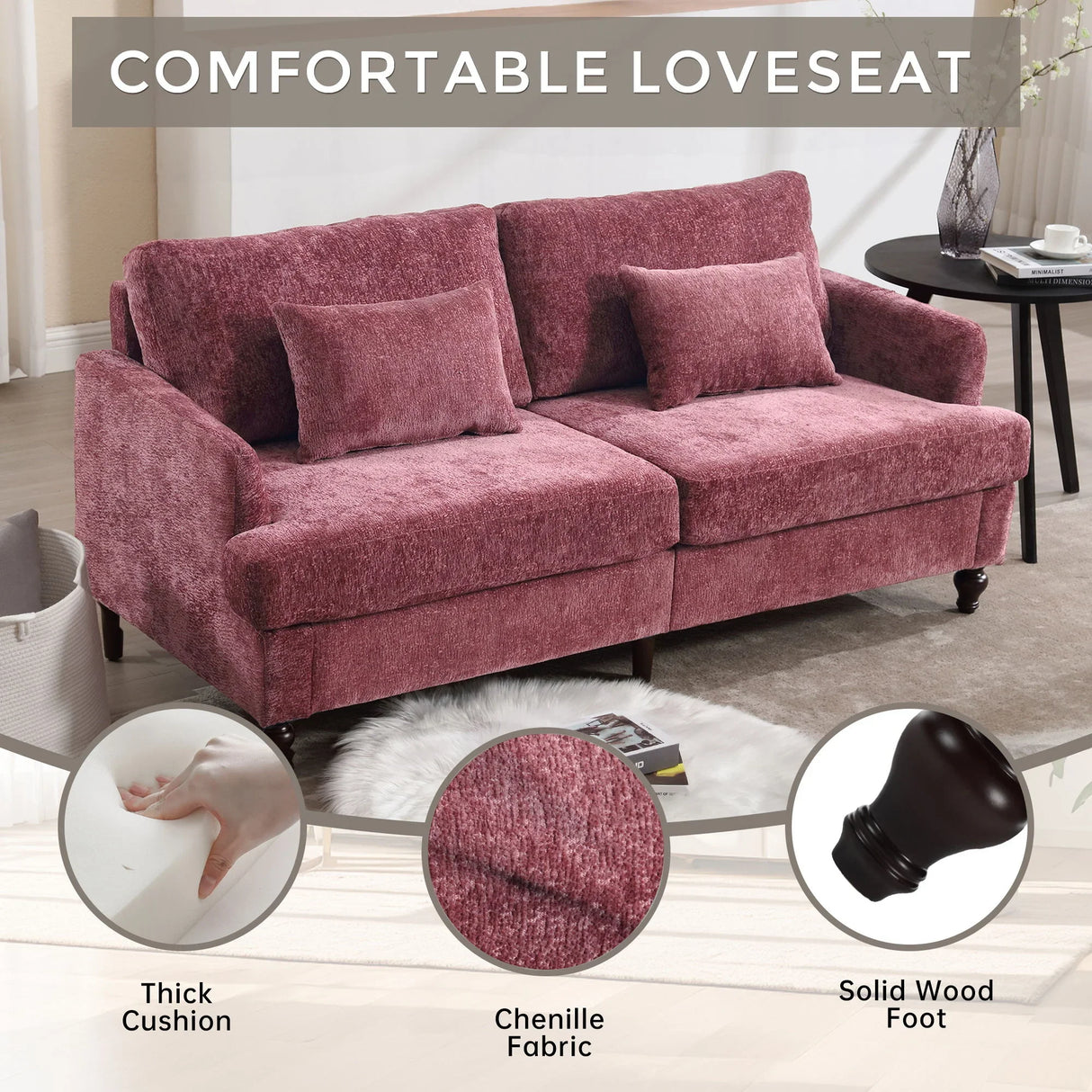 Mid Century Modern Chenille Fabric Loveseat Sofa, 2 Seat Upholstered Couch