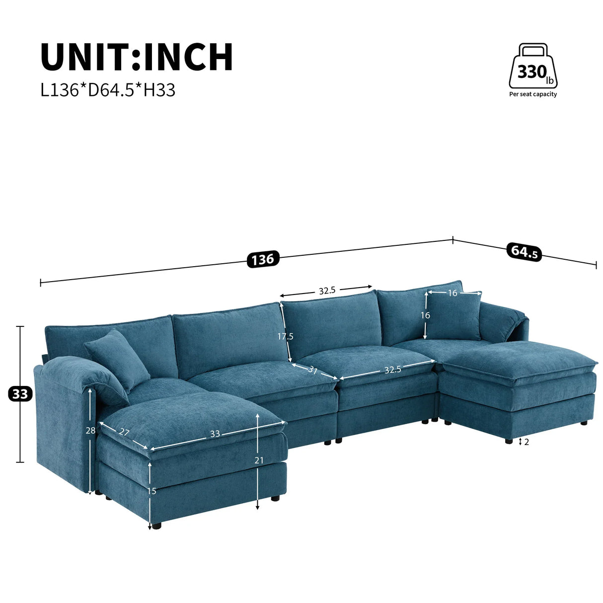 Modular Sectional With Deep And Wide Seat, Cloud Couch Set With Double Cushions Sofa With Movable Ottoman - Furniture Home Direct