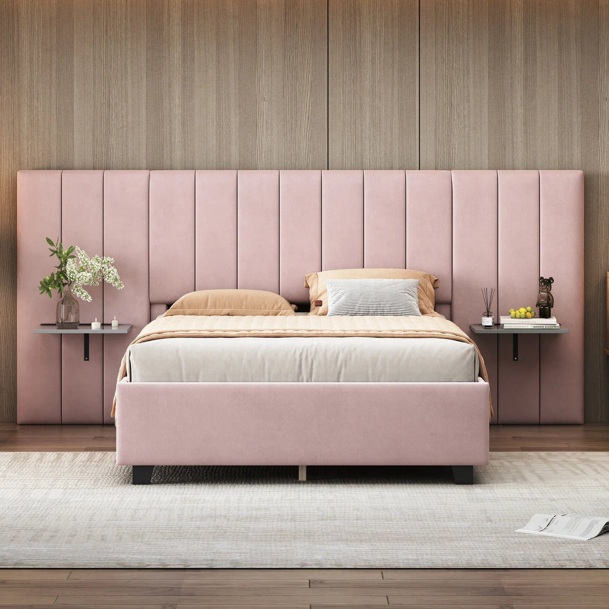 Full Size Upholstered Platform Bed Tall Headboard Pink - Furniture Home Direct
