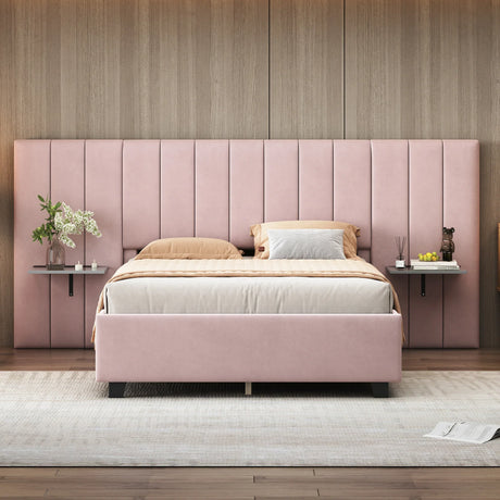 Full Size Upholstered Platform Bed Tall Headboard Pink - Furniture Home Direct