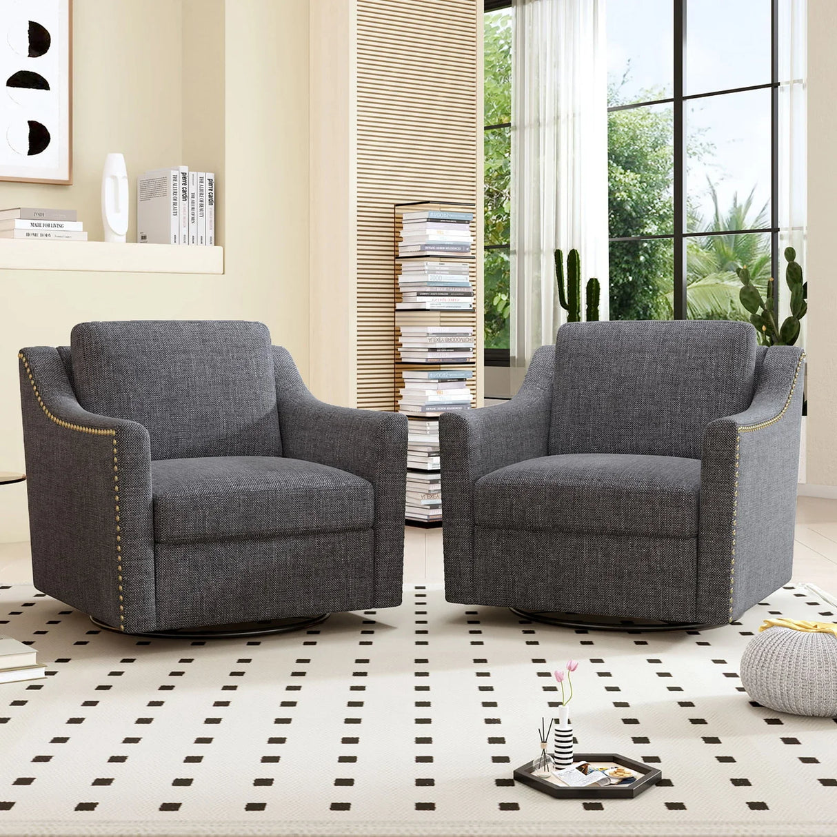 360 Degree Swivel Armchair, Skin Friendly Fabric, Ergonomic Design, Brass Nail Decorative Armchair - Furniture Home Direct