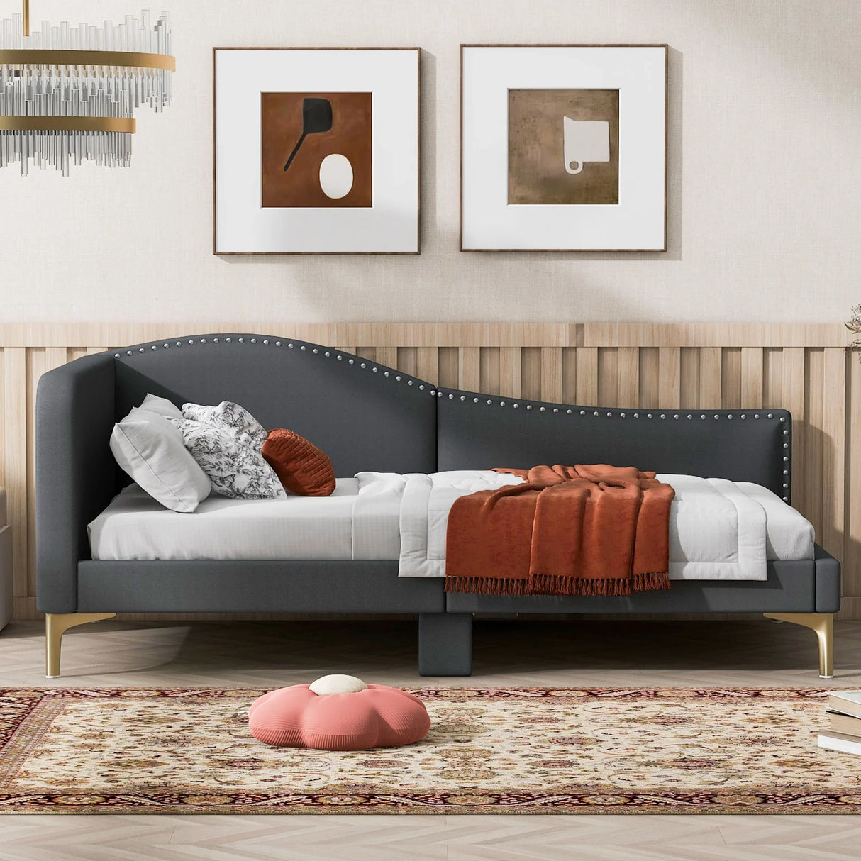 Upholstered Daybed With Headboard And Armrest, Support Legs - Furniture Home Direct