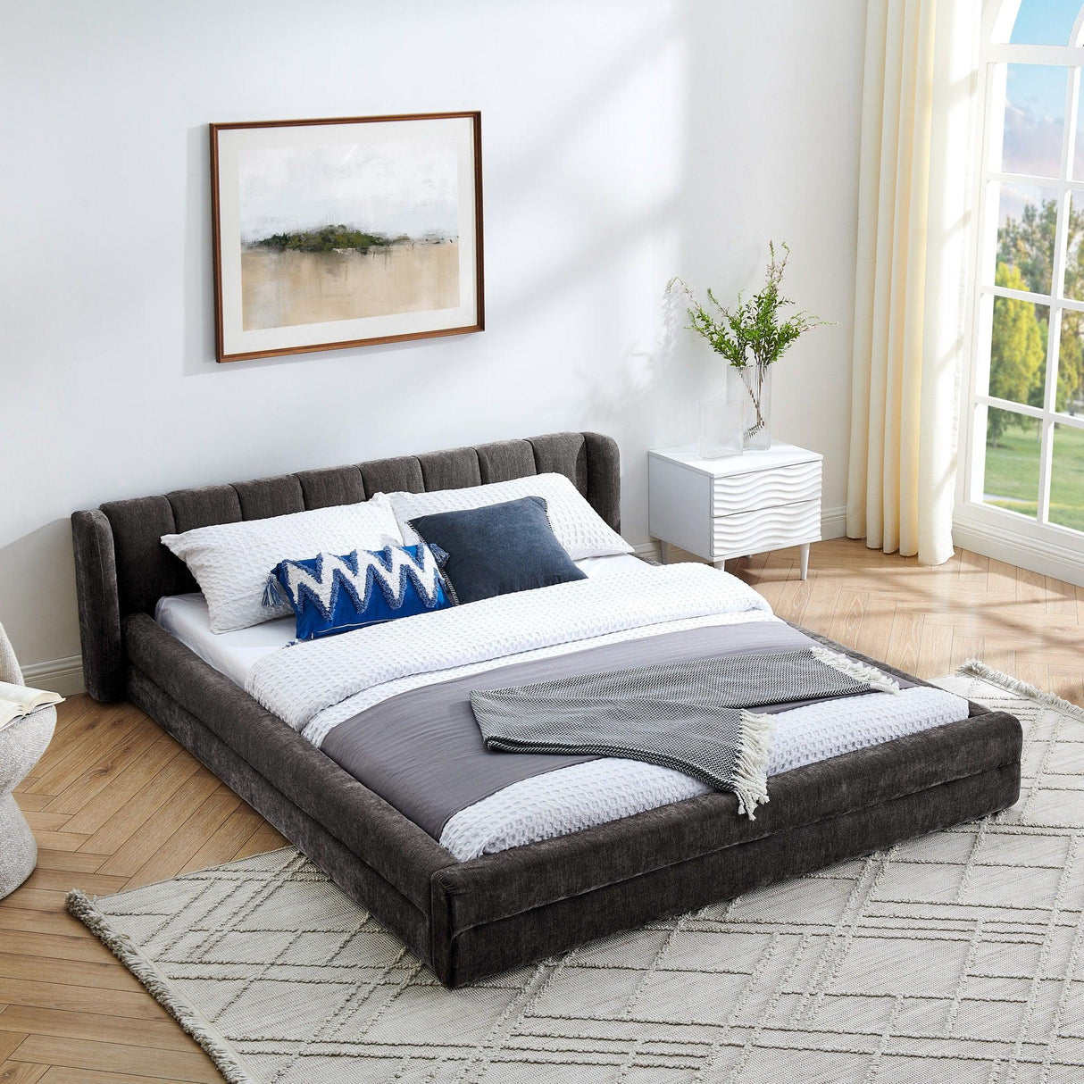 Modern Upholstered Bed Frame With Thick Chenille Fabric And Headboard - Furniture Home Direct