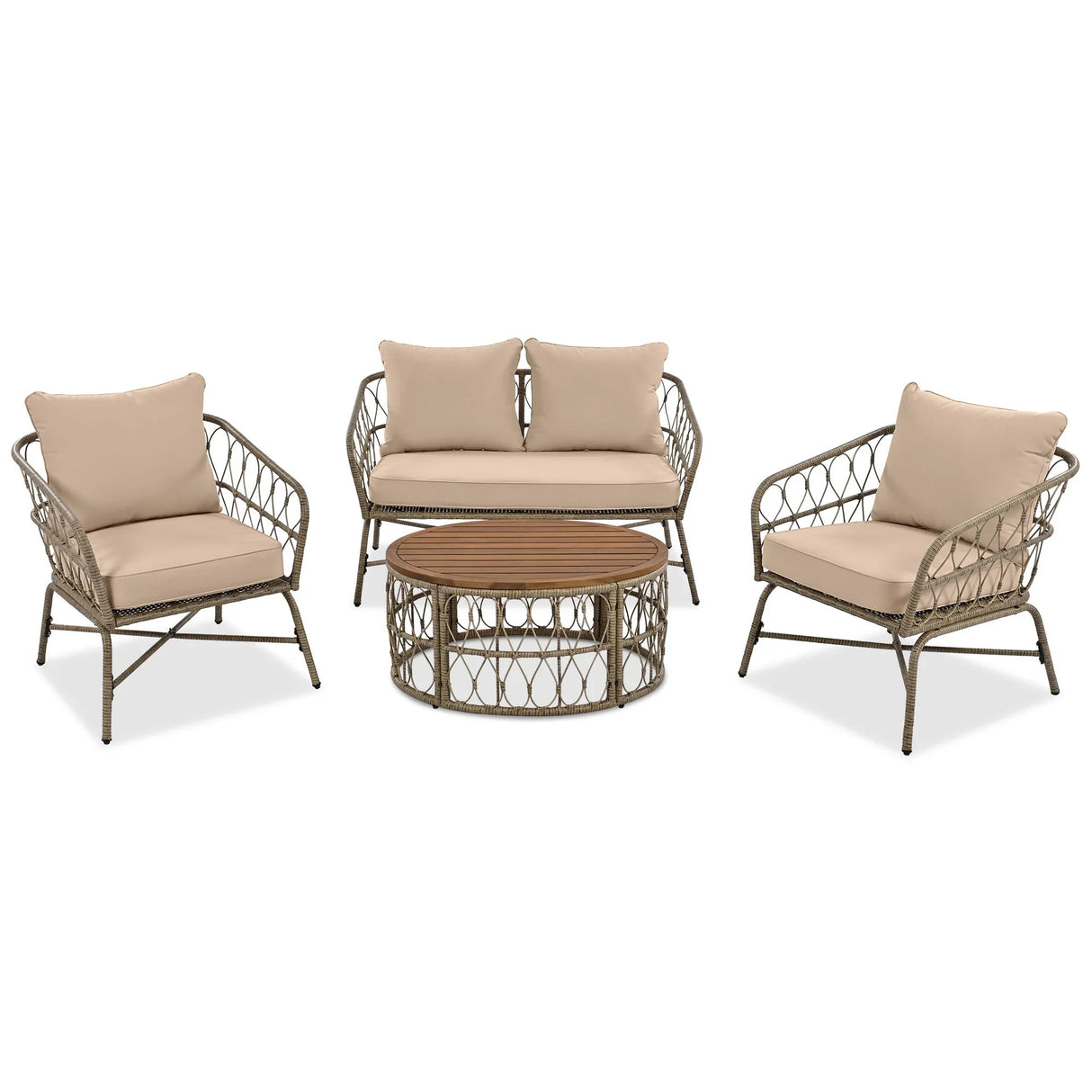 Bohemia-Inspired 4 Person Outdoor Seating Group With Removable Cushions, Conversation Patio Set With Wood Tabletop - Beige - Furniture Home Direct