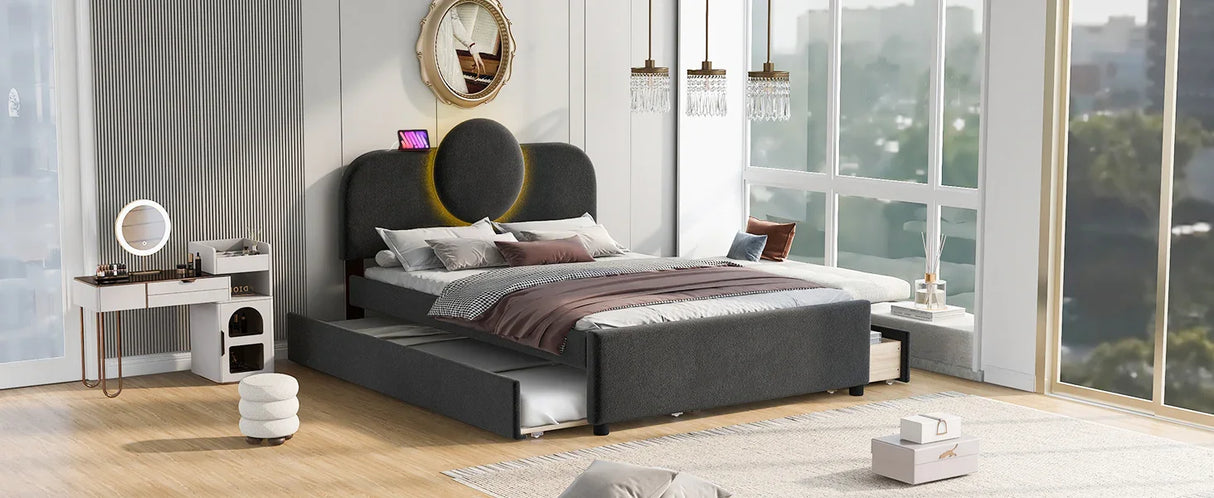 Platform Bed Upholstered With Storage Drawers Trundle Gray - Furniture Home Direct