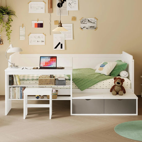 Daybed With Storage Shelves And Lockers, Multi Functional Bed With Study Desk And Matching Stool - Furniture Home Direct