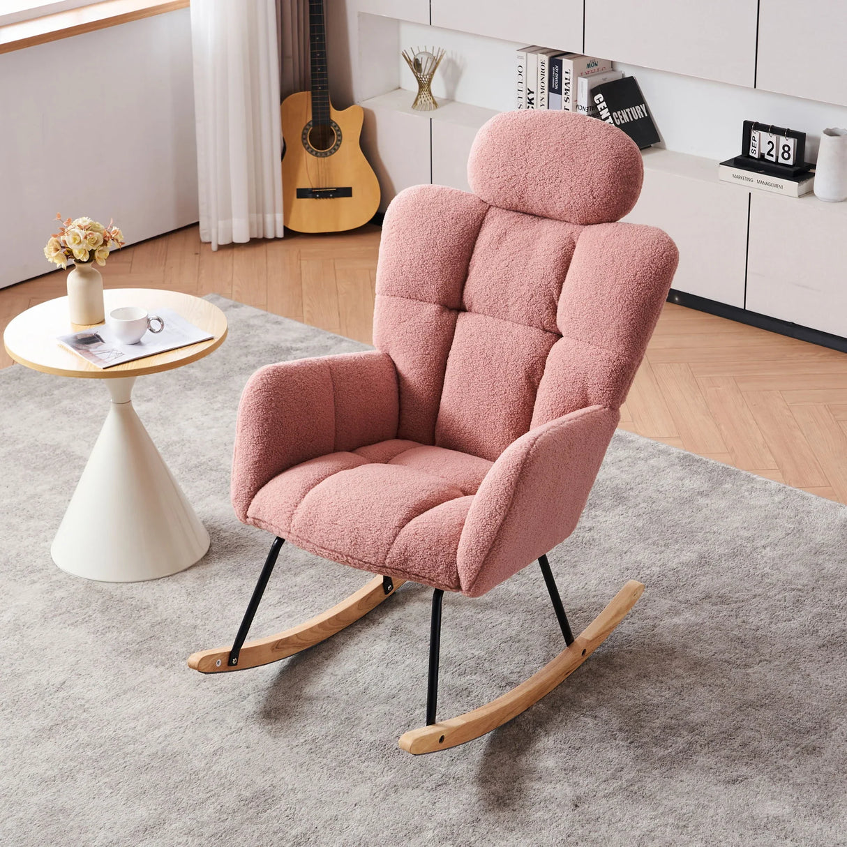 Contemporary Teddy Fabric Upholstered Nursery Rocking Glider Chair With High Backrest And Pillow - Furniture Home Direct